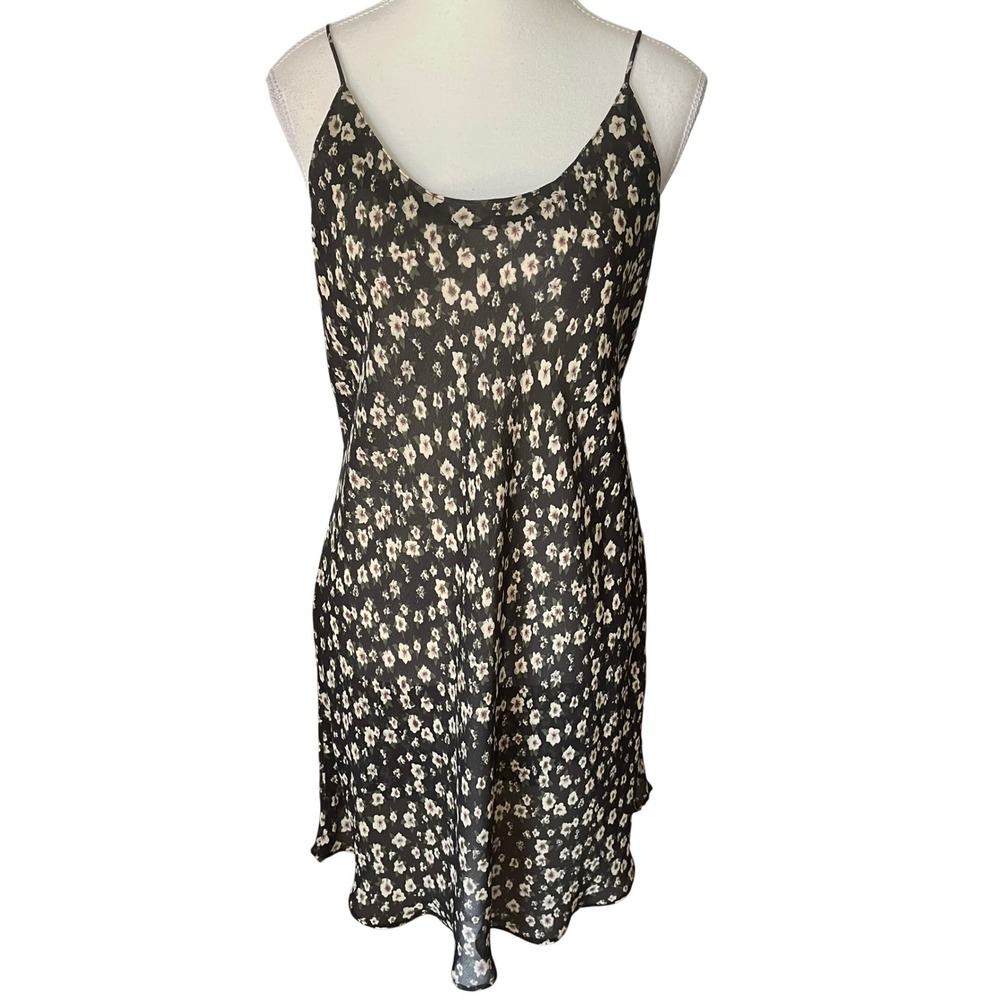 Vtg Cacique Lingerie Floral Slip Dress Black White Flower Chemise‎ Nightgown L